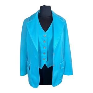 Vintage Nan Scott 70s Disco Polyester Aqua Blue Blazer and Vest Size Medium Set